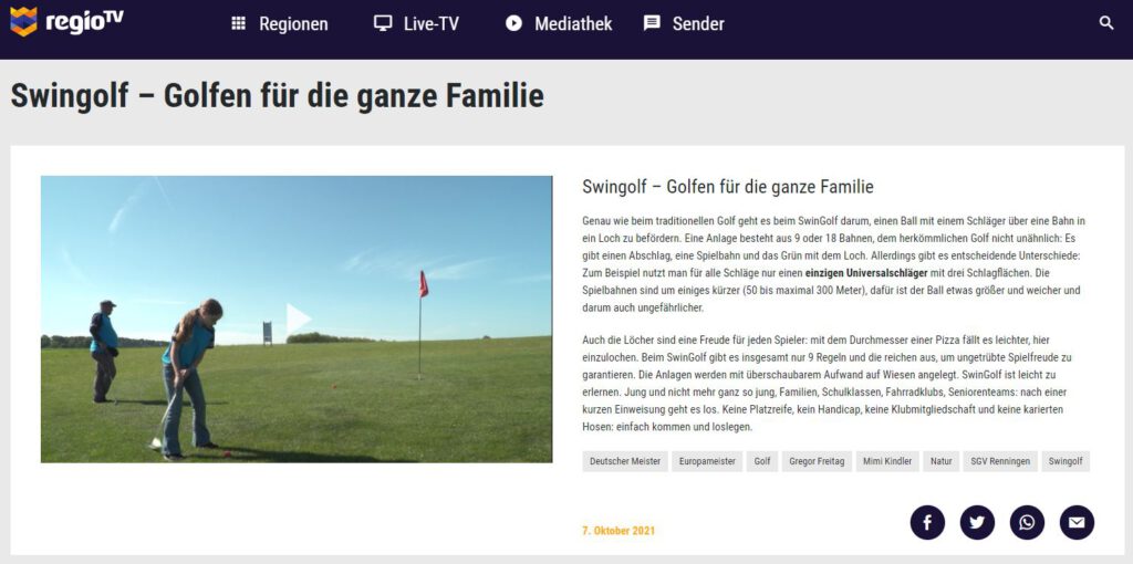 Swingolf – Golfen für die ganze Familie - Bericht regio TV 07-10-2021- Deutscher Meister -Europameister - Golf Gregor Freitag - Mimi Kindler- Natur - SGV Renningen -Swingolf